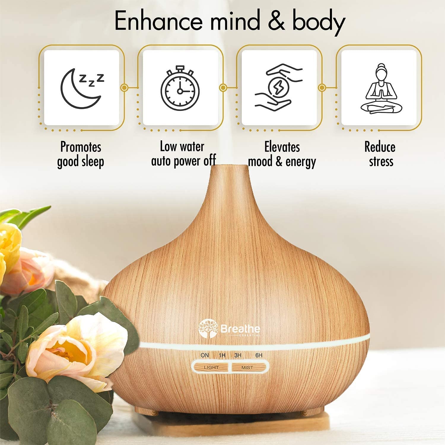 550ml Essential Oil Diffuser with Cleaning Kit, Measuring Cup, 18-Hour Runtime, 16 LED Light Settings, Auto Power Off - Natural Oak